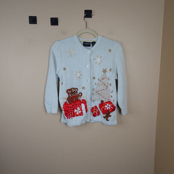 Vintage Bobbie Brooks Teddy Bear Gingerbread Christmas Cardigan Sweater Size PM - Picture 1 of 9